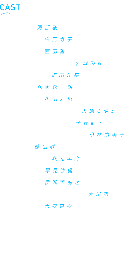 CAST 風澄徹:阿部敦　片桐鏡華:金元寿子　片桐鏡磨:西田雅一　レミー・オードナー:沢城みゆき　竜胆しづね:植田佳奈　草陰稜:保志総一朗　羅漢堂旭:小山力也　オルガ・ジェンテイン:大原さやか　アーロン・バロウズ:子安武人　ジョナサン・サイズモア:小林由美子　ξ988:藤田咲　真加部主水:秋元羊介　リューシャ:早見沙織　篠生茉莉:伊瀬茉莉也　シュリニヴァーサ・セン:大川透　水潟九美:水樹奈々　ミキ:藤田茜